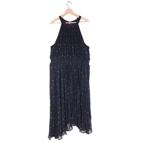 NEW City Chic Miriam Chiffon Pleated Halter Midi Dress Black Polkadot Plus 20 - Picture 1 of 7